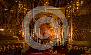 The icon of Jesus Christ and Virgin Mary at the Church of the Holy Sepulchre at Jerusalem, Israel.