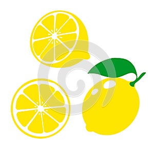 Icon lemon. Set fresh lemon fruits and slice. Isolated on white background. Vector