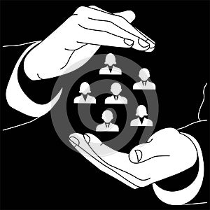 Icon logo of two hands holding employees of the organization, company or teamwork management in white color or business team,