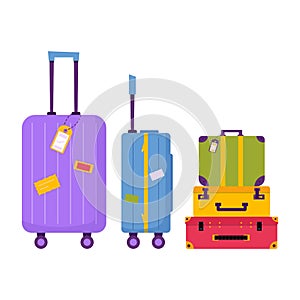 Icon of luggage for adventure tourism, travel. Journey decorative design with suitcase, baggage for traveler. Flat cartoon modern