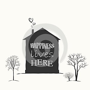 An icon made of black characters, text. The silhouette of a house and trees on a white background.