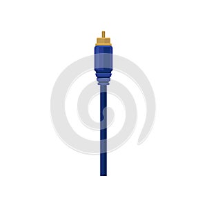 Male audio-video plug with blue cable. Connector for electrical equipment. Connection technology. Flat vector icon