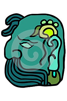 Icon of male character, elderly and bearded, inspired by a Mayan glyph.