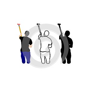 Icon of male painters holding paint rollers and painting or writing advertising text