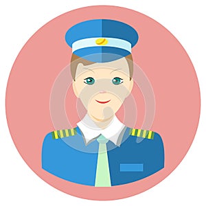 Icon man pilot in a flat style. Vector image on a round colored background. Element of design, interface. Image in the