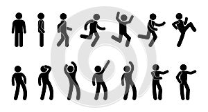 Icon man, stick figure people, stickman walks, stands and runs, set of human silhouettes