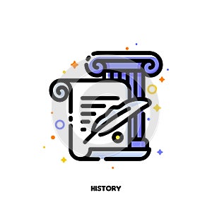 Icon of manuscript with quill and ionic column for history or paleontology science concepts. Flat filled outline style
