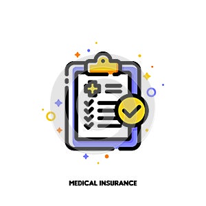 Icon of medical form list with results data and approved check mark for health insurance or medicine service concept