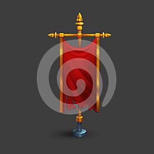 Icon of medieval vertical red flag with flagpole for game.
