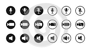 Icon of microphone, sound and camera. Button for mute, zoom and mic. Symbols of interface for video, audio and speakers. Signs of