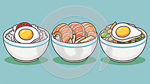Icon modern of traditional Korean meals with tteokbokki and bibimbap. Cute line drawing of a dish consisting of rice and photo