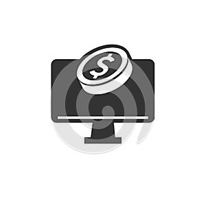 Icon money coin in computer. illustration isolated sign symbol thin line for web, modern minimalistic flat design vector on white