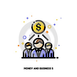 Icon of money and three business persons for partner program or referrals network concept. Flat filled outline style