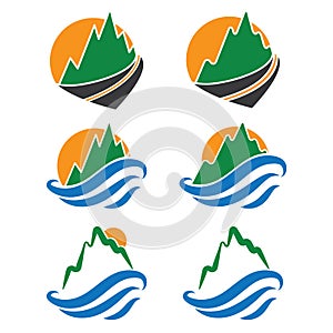 icon of mountains,waves and sun.Vector
