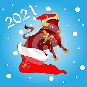 Icon for the new year. Banner hand-drawn bull on a background of snowfall. With a Chinese character meaning bull and the inscripti