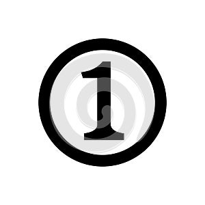Icon number 1 in circle black isolated on white, flat currency coin one 1 money, first symbol with circle shape, 1st symbol for
