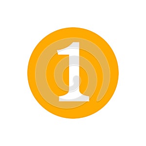 Icon number 1 in circle orange isolated on white, flat currency coin one 1 money, first symbol with circle shape, 1st symbol