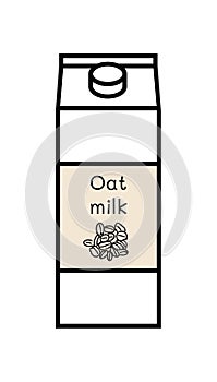 Icon of oat milk or beverage. Plant based non dairy vegan alternative. Carton box with screw cap and with label with oatmeal.