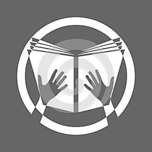 Icon of an open book. Hands holding an open book