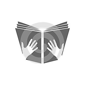 Icon of an open book. Hands holding an open book