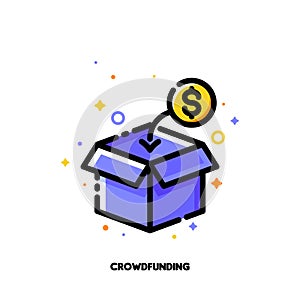 Icon of open box collecting monetary contributions from people for crowdfunding or investing into ideas concept