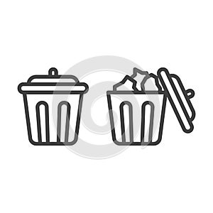 Icon of open and closed trash can. Minimalistic image of an empty and full trash bin. Linear vector isolated on white