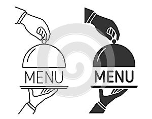 Icon of Open Food Serving Tray in Waiter\'s Hands, Menu Concept
