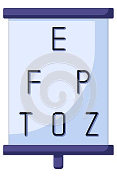 Icon of ophthalmologist testing eyesight pointing at eye chart symbols, icon in a flat style. Vision checkup, eye health