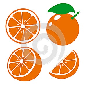 Icon orange fruits. Set fresh orange and slice. Isolated on white background. Vector