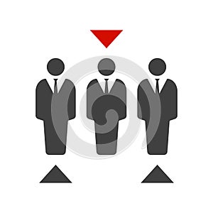 Icon people in business suits. Three abstract figures standing in a row. Arrows select the right employee. Vector on