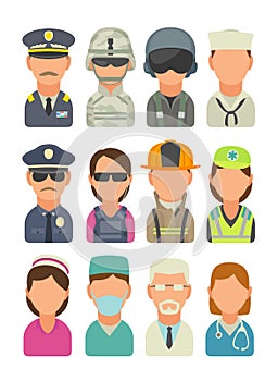 Icon people - soldier, officer, pilot, marine, sailor, police, bodyguard, fireman, paramedic.