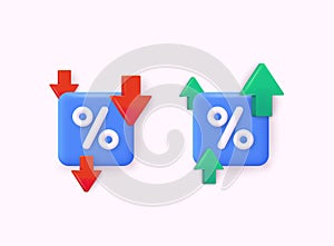Icon percent with arrow. Market analysis, investment or interest rate. Interest low price 3d percent discount vector icon.