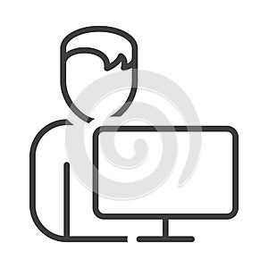 The icon of the person at the computer. Simple linear image halves nahodyaschegossya man behind the monitor of a