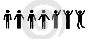 The icon of a person standing, a set of pictograms, various poses and hand movements of standing people