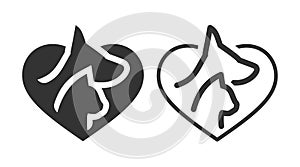 Icon of Pet Care Concept in Glyph and Outline Style. Cat and Dog in Heart Shape