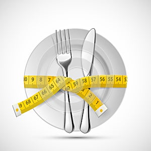 Icon plate with knife, fork and tailoring measuring tape. Dieting and healthy lifestyle.