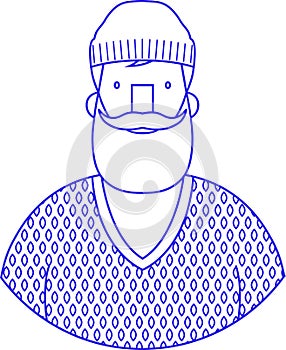 Icon portrait blue sign of bearded hipster with wool cap