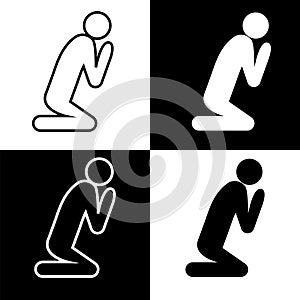 Icon of a praying person. White and black silhouettes of a man who prays. Religion worship vector
