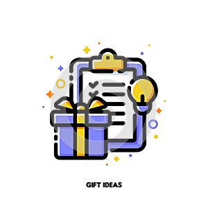 Icon of present and wish list on a clipboard for best gift ideas concept. Flat filled outline style. Pixel perfect 64x64