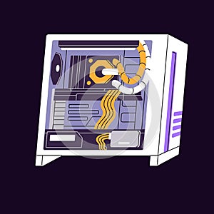 Icon of processor case for gamers. Inside of powerful computer with components, parts. PC with transparent cover and