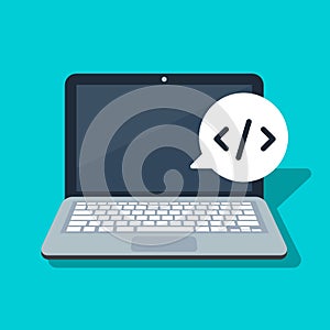 Icon programming on a laptop background. Speech bubble. Vector illustration in a flat style. Isolated image.