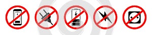 Icon of prohibited connection electric plug, charger, battery and phone. Sign of stop and ban for electrical devices. Symbol of