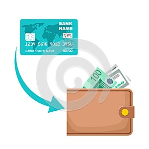 Icon of receiving cash from a payment card. Money transfer process