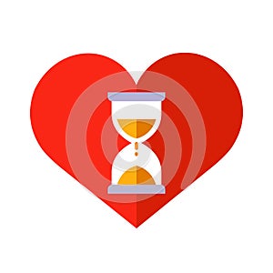 Icon of red heart and hourglass inside. time for love is running out.