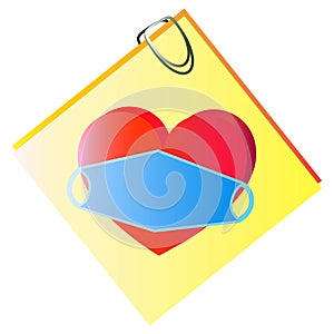 Icon red heart with medical mask on a sheet of paper with a paper clip, Valentine`s Day during lockdown