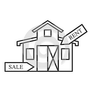 Icon for renting or selling a warehouse. A simple linear image of a building in the form of a storage barn with two