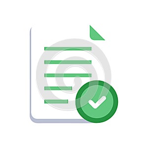 Icon representing completed document with checkmark; project approved, form finished, task completed