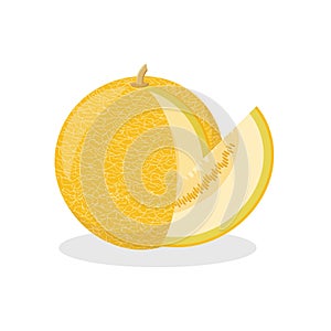 Icon of a ripe yellow melon with a cut piece on a white background.