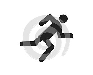 Icon of runner. Run of man on track. silhouette of human on marathon. Fast run in sport and sprint. Symbol of jogging. Black logo