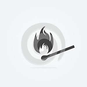 Icon of safety match. Fire, light, flames. Burning match icon on grey background. Vector